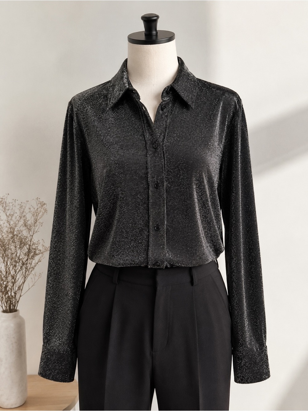 H&M Shimmer Button-Up Shirt Women’s Large Black NWT